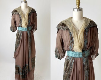 1900s Brown and Blue Silk Embroidered Evening Dress