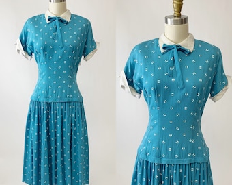 1950s Blue and White Day Dress