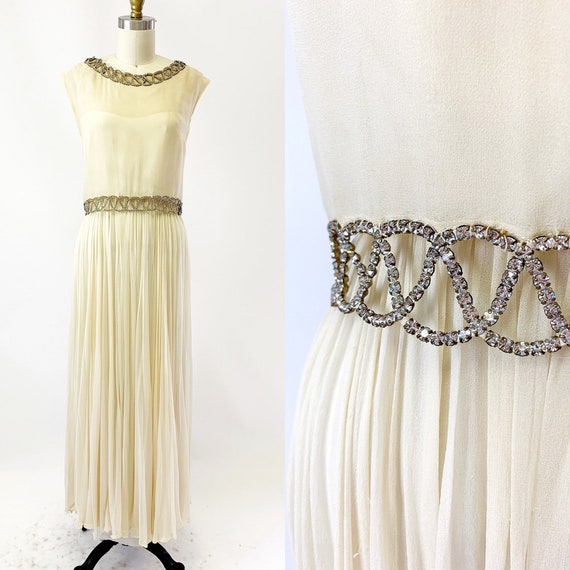 1960s White Silk Chiffon and Rhinestone dress
