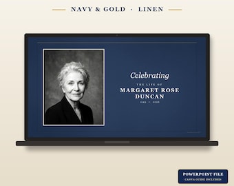 Funeral Slideshow Template Navy Gold Linen | Memorial Celebration Video (PowerPoint Canva)