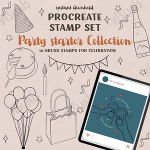 Può includere: Un set di timbri digitali Procreate, "Party Starter Collection", con 10 timbri a pennello per celebrazioni. L'immagine presenta illustrazioni a tema festa: torta, palloncini, champagne e un tablet con il testo "Let's celebrate" e "Yay! It's Friday!"