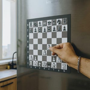 May include: A magnetic chess set with black and white pieces and a gray and white checkered board. The set is attached to a stainless steel refrigerator. The brand name "keysmart" is visible at the top.