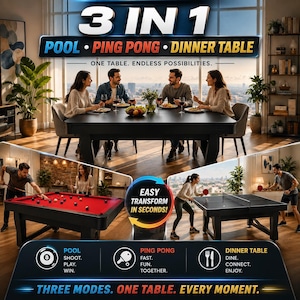 Puede incluir: Una mesa convertible 3 en 1 con modos de billar, ping pong y comedor. La mesa negra se muestra en configuración de comedor con cuatro personas, en modo billar con tapete rojo y como mesa de ping pong con red y paletas.