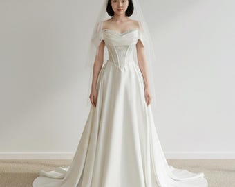 Off Shoulder Pearl Wedding Dress, Corset Wedding Dress with Satin and Lace,Luxury Minimalist Wedding Dress