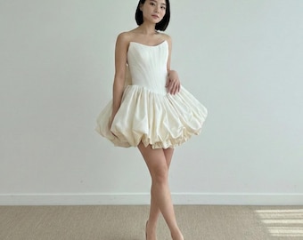 Mini Wedding Dress, Short Wedding Dress, Bridal Bubble Dress with Detachable Bow, Bachelorette Party Dress