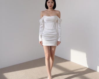 Vestido de novia corto con mangas largas y hombros descubiertos, vestido de novia minimalista de satén, vestido de novia moderno, vestido de recepción nupcial, vestido de boda para una escapada.