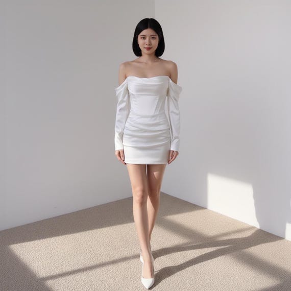 Short Wedding Dress with Long Sleeves Off Shoulder, Minimalist Satin Wedding Dress, Modern Bridal Dress, Bridal Reception Dress, Elopement
