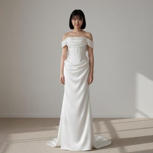 City Hall Wedding Dress, Off Shoulder Wedding Dress, Minimalist Wedding Gown, Corset Wedding Dress with Draping