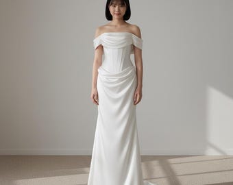 City Hall Wedding Dress, Off Shoulder Wedding Dress, Minimalist Wedding Gown, Corset Wedding Dress with Draping