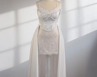 Corset Wedding Dress Set With Detachable Overskirt, Basque Waist Wedding Dress, Lace Corset Wedding Dress, Convertible Wedding Dress