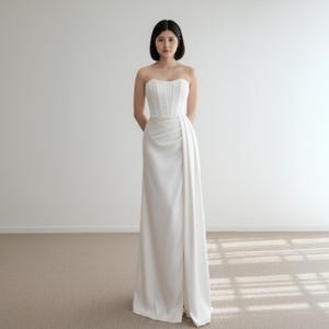 City Hall Wedding Dress Dress with Side Drape, Minimalist Strapless Bridal Gown, Modern Simple Bridal Gown, Slit Wedding Dress