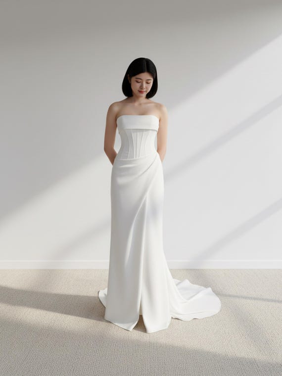 Elegant Wedding Dress with Asymmetrical Draping, Strapless Corset Wedding Dress, Minimalist Wedding Dress, Modern Bridal Gown
