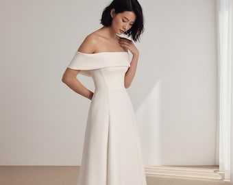 A Line Wedding Dress with an Off the Shoulder Neckline, Romantic Wedding Dress, Sophistication Wedding Gown, Plus size Wedding Dress