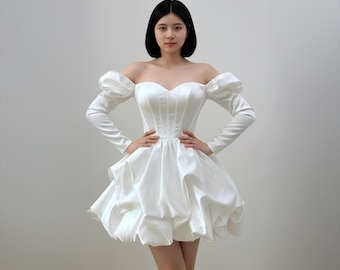 Vestido de novia con corsé y hombros descubiertos, vestido de novia corto de satén con mangas abullonadas, minivestido romántico de novia.