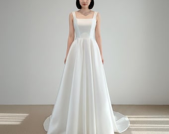 Minimal Satin Wedding Dress, Square Neckline Wedding Dress, Satin Corset Wedding Dress, Satin A-Line Wedding Dress