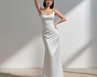 Minimalist Wedding Dress With Pearl Straps, Floor length Wedding Dress, Courthouse Wedding Dress, Custom Wedding Dress
