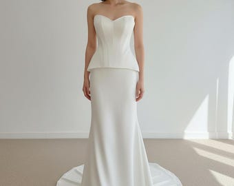 Modern Two Piece Wedding Dress: Corset Top with Satin Skirt, Minimalist Wedding Dress, Bridal Corset Top and Long Skirt