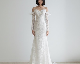 Long Sleeve Wedding Dress, Romantic Wedding Dress, Floral Lace Wedding Dress, Off the Shoulder Wedding Dress