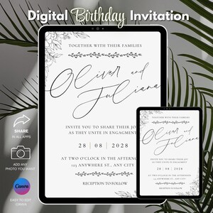May include: Digital birthday invitation displayed on a tablet and a smaller device. The invitation features elegant script with the names "Oliver and Juliana" and event details. The design includes floral accents and the text "Share in all apps" and "Easy to edit Canva".
