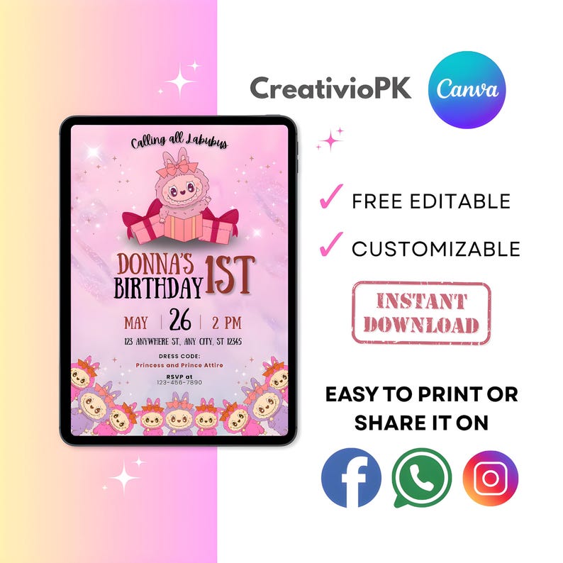 Editable Labubu Birthday Invitation | Funny Pink Labubu Party Invite ...