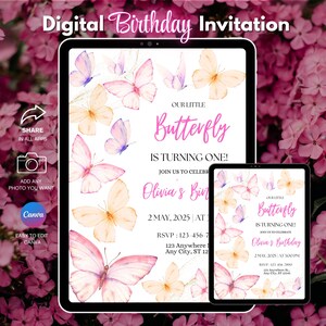 Fjärilsfödelsedagsinbjudan: Elegant Flutterfly-fest, digitalt kort (direkt nedladdning)