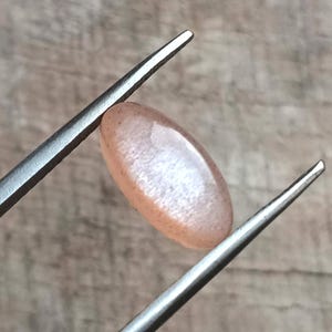 May include: A polished, oval-shaped gemstone, held by tweezers. The gem has a peach color with a subtle shimmer. The tweezers are silver-colored and the background is a light brown wooden surface.