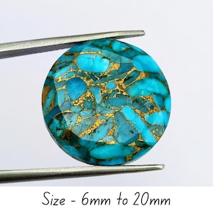 May include: A round turquoise gemstone with gold-colored matrix inclusions, held by tweezers. The stone has a mosaic-like appearance with a polished surface. Text at the bottom reads "Size - 6mm to 20mm".