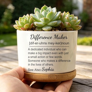May include: A white ceramic plant pot with the words "Difference Maker" and a definition, containing green succulents. The pot rests on a small wooden coaster. The text includes "See Also: Sophia".