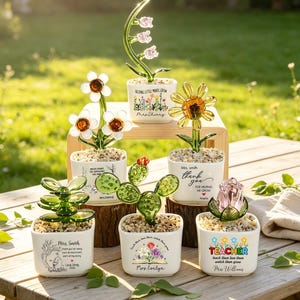 Puede incluir: Una colección de seis figuras de flores y suculentas de vidrio en macetas cuadradas blancas. Cada maceta presenta texto personalizado y gráficos florales coloridos. Las plantas de vidrio incluyen margaritas, un lirio, un girasol, un cactus y una rosa, todas sobre grava.
