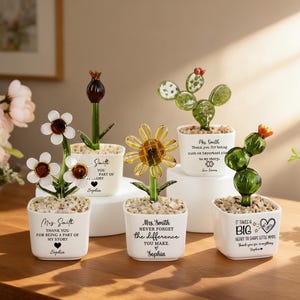 Custom Stained Glass Sunflower Potted Plant, Handmade Succulent Cactus Figurine, Teacher Appreciation Thank You Gift, Unique Teacher Gift