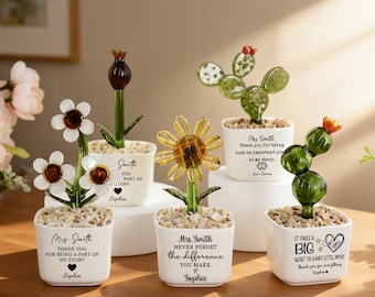 Custom Stained Glass Sunflower Potted Plant, Handmade Succulent Cactus Figurine, Teacher Appreciation Thank You Gift, Unique Teacher Gift