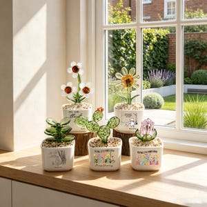 May include: Five glass plant ornaments in white square ceramic pots filled with small stones. The plants include a three-flower daisy, a yellow sunflower, a green succulent, a green cactus, and a pink rose, all featuring printed text and graphics.