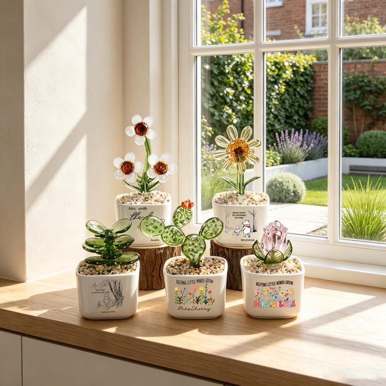 May include: Five glass plant ornaments in white square ceramic pots filled with small stones. The plants include a three-flower daisy, a yellow sunflower, a green succulent, a green cactus, and a pink rose, all featuring printed text and graphics.