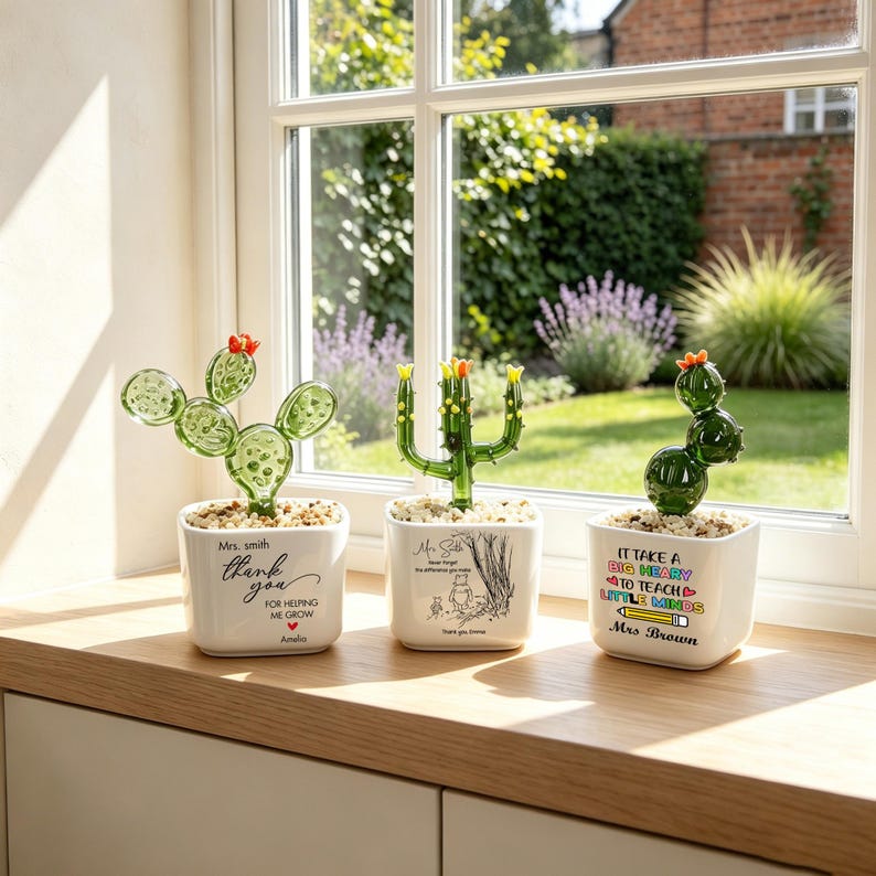 May include: Three glass cactus figurines in white square ceramic pots filled with small stones. The first pot says Mrs. Smith thank you for helping me grow. The second features a Winnie the Pooh illustration. The third says It take a big heart to teach little minds Mrs. Brown.