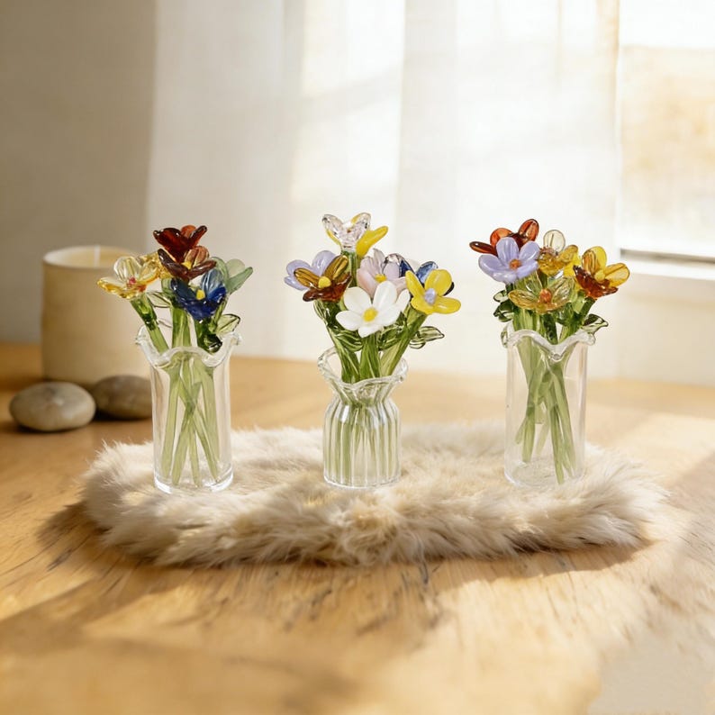 Fiore di vetro per il mese di nascita, mini bouquet di fiori di vetro, regalo di fiori per la nascita, regalo di compleanno, regalo personalizzato fatto a mano per mamma e amiche, decorazioni per la casa immagine 8