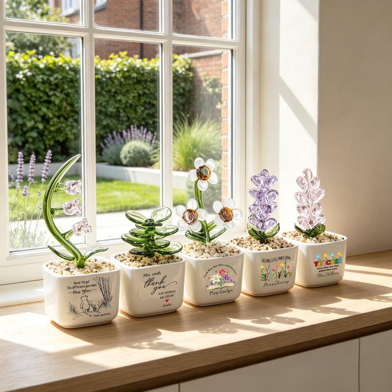 May include: Five white square ceramic pots containing glass plant sculptures. The pots feature printed text and graphics, including Winnie the Pooh, floral designs, and teacher appreciation messages. Each plant is set in small light-colored stones.