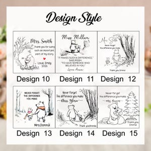 May include: A grid of six square graphic designs labeled Design 10 through 15, each featuring black and white line art illustrations of Winnie the Pooh characters, personalized names, and quotes about making a difference, with one red heart icon.