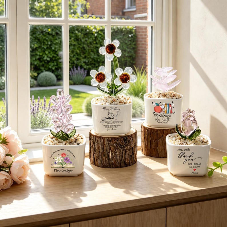 May include: Four white ceramic square planters filled with small stones and glass flower sculptures. Each planter features custom text and graphics, including names like Mrs. Evelyn, Miss Miller, Mrs. Smith, and Amelia, with designs of books, flowers, and apples.