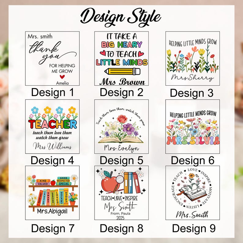 May include: A grid of nine square graphic designs featuring teacher-themed illustrations and text. Designs include floral motifs, books, apples, and pencils with personalized names like Mrs. Smith, Mrs. Brown, Mrs. Sherry, Mrs. Williams, Mrs. Evelyn, Mrs. Silvia, and Mrs. Abigail.