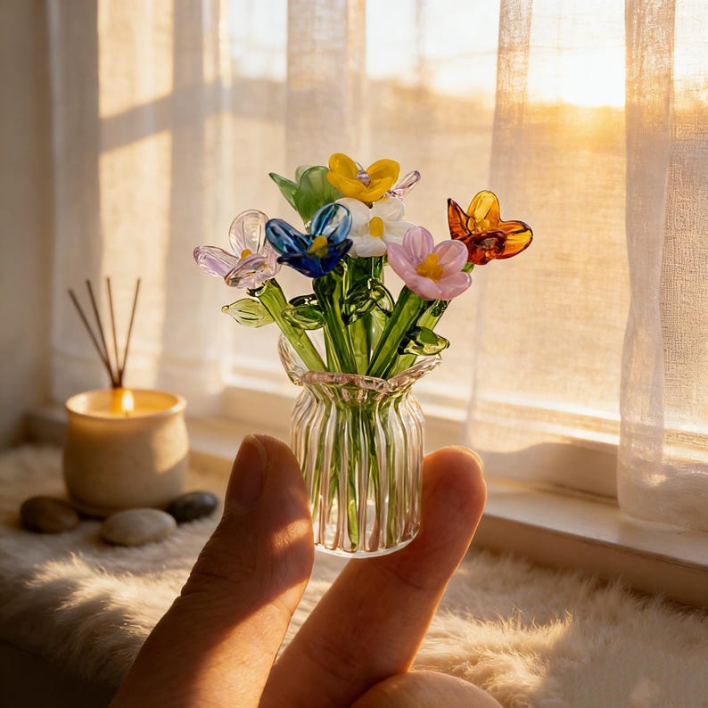 Fiore di vetro per il mese di nascita, mini bouquet di fiori di vetro, regalo di fiori per la nascita, regalo di compleanno, regalo personalizzato fatto a mano per mamma e amiche, decorazioni per la casa immagine 1