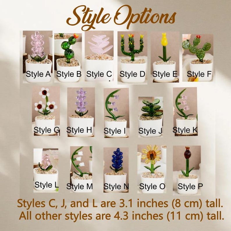 May include: A collection of sixteen miniature glass plants in white pots labeled Style A through P. Styles C, J, and L are 3.1 inches tall, while all other styles are 4.3 inches tall. The plants feature various shapes, colors, and floral designs.
