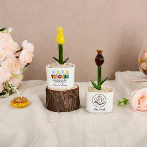 May include: Two white square planters containing glass flowers. The left planter features a yellow tulip and text reading TEACHER teach them love them watch them grow Mrs. Williams. The right planter has a dark flower and a book graphic with Mrs. Smith.