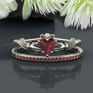 0.75Carat Red Garnet Heart Shape Claddagh Wedding Ring. Alternative Engagement Ring, Irish Promise Ring, women Gift, Crown Garnet ring