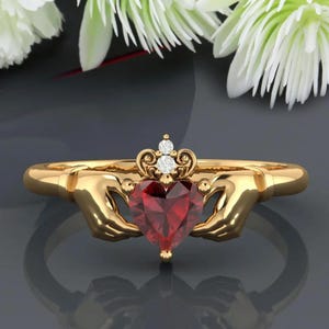 Red Garnet Heart Shaped Claddagh Engagement Ring, Curved Moissanite Ring, Claddagh Garnet Solid Gold Ring, Unique Ring, Solitaire Band Ring