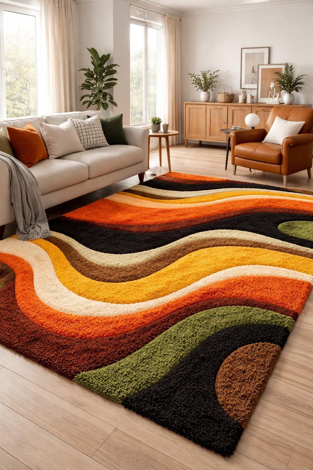 Retro 70s Groovy Wavy Area Rug Mid Century Modern Hand Tufted Shag ...