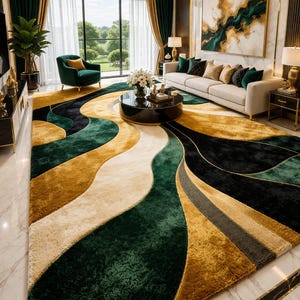 May include: A luxurious living room featuring a large area rug with a flowing design in shades of green, gold, black, and cream. The room includes a white sofa, green armchair, and a round coffee table. A large window offers a view of the outdoors.