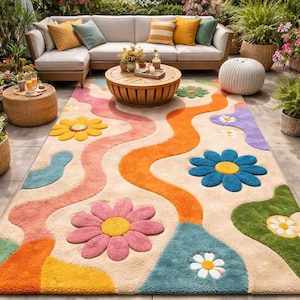 Jaren 70 retro getuft vloerkleed Groovy Flower Power Area-tapijt groot 3D-golfpatroon bloementapijt voor woonkamer Boho-tuindecor Kleurrijke vloerkunst
