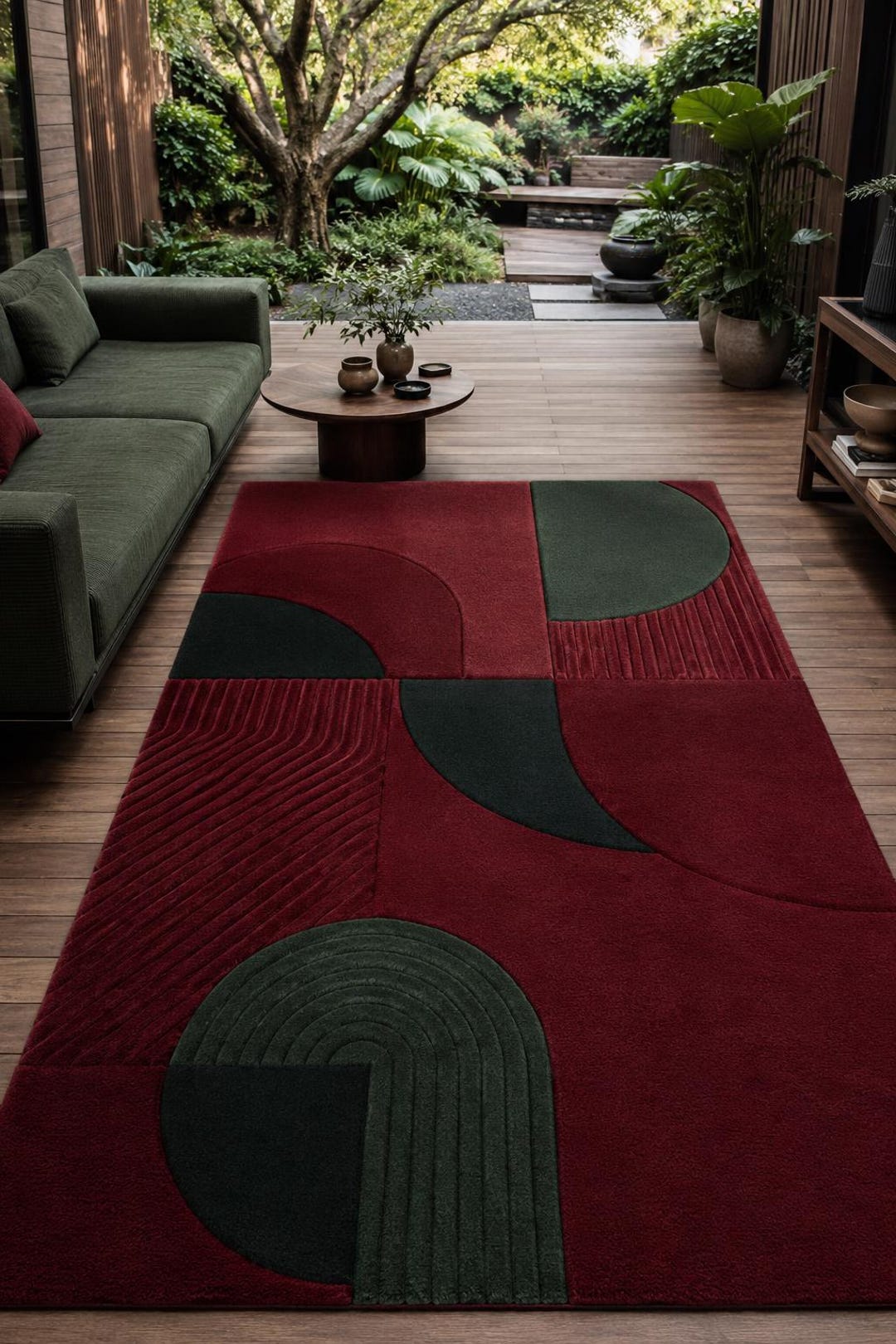 Mid Century Modern Rug, 3D Textured Area Rug, Burgundy and Dark