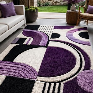Alfombra escultórica 3D tejida a mano - Alfombra ondulada geométrica en morado y blanco - Alfombra grande de 12x18 pies estilo moderno de mediados de siglo - Estilo abstracto retro de los años 70