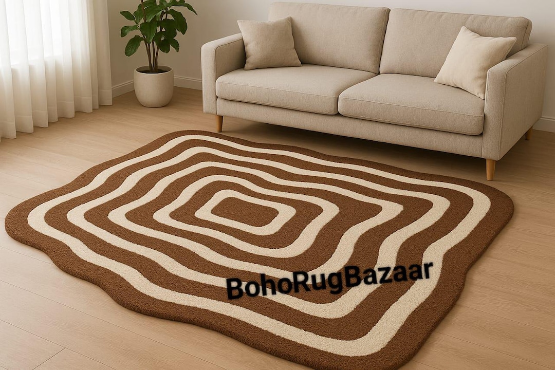 Handmade Brown and Cream Tufted Rug: Retro Wavy Design - Etsy